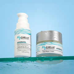 Perfect Partners: Hydrate + Repair Ultra Hyaluronic Serum and Deep Repair Cream on a blue background.