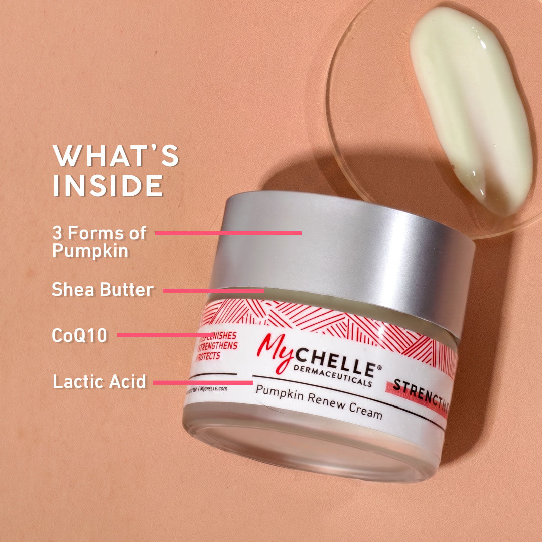 A jar of MyChelle Dermacuticals Pumpkin Renew Cream on a peach background with a glass of cream and text listing ingredients: 3 Forms of Pumpkin, Shea Butter, CoQ10, and Lactic Acid.