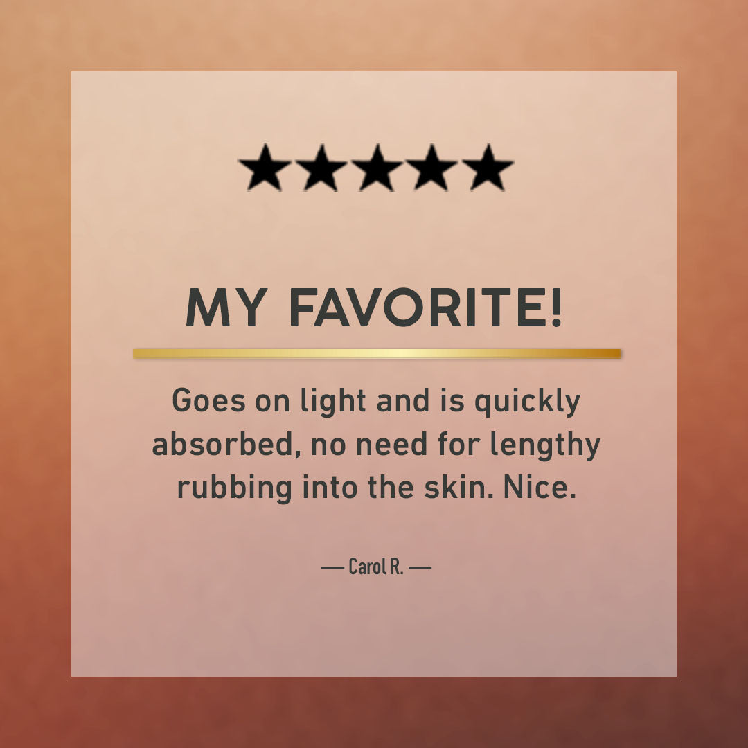 A square promotional graphic with a warm peach background and a central cream card. The card reads 'MY FAVORITE!' with five black stars above, a gold underline, and a review quote attributed to Carol R.