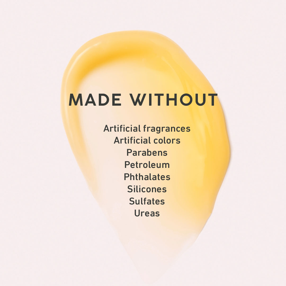 Yellow product with a list of ingredients it is 'made without' on a light pink background
