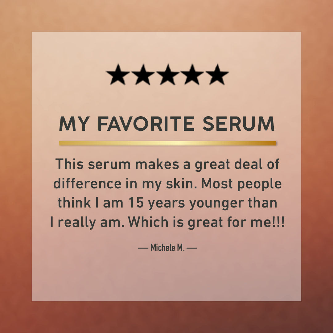 Five-star rating for a serum with a testimonial on a brown background