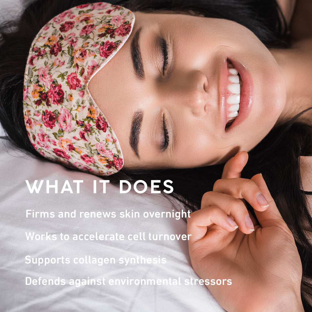 Woman wearing a floral sleep mask with text about skincare benefits.