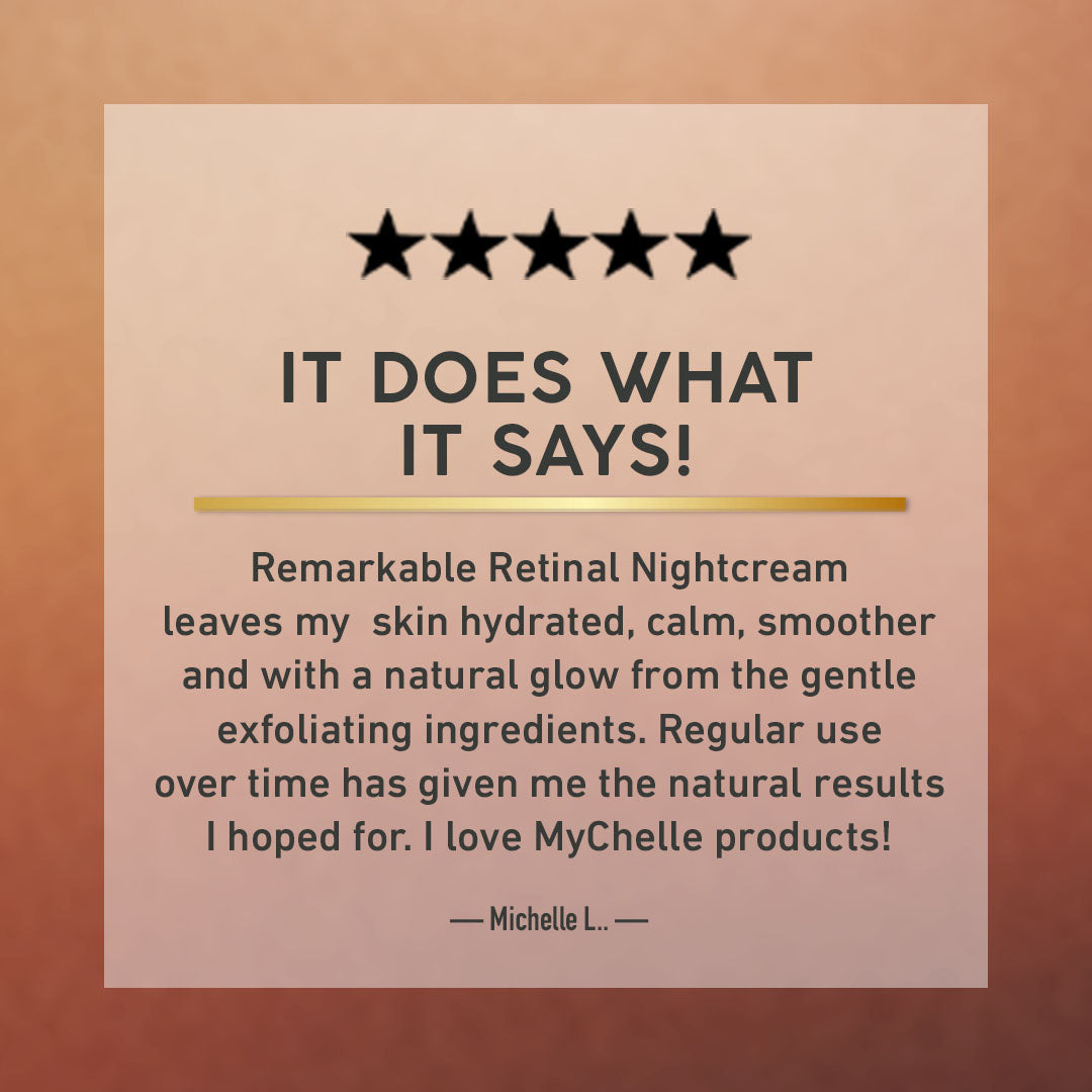Product review for MyChelle Retinal Nightcream with five-star rating and positive comments.