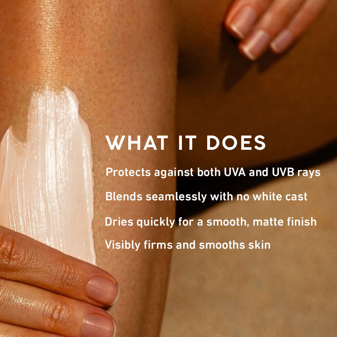 Person applying sunscreen to their arm with text highlighting its benefits.