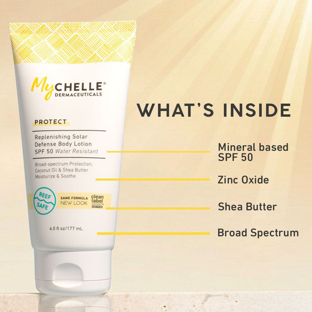 MyChelle Dermaceuticals sunscreen lotion with ingredients listed on a beige background