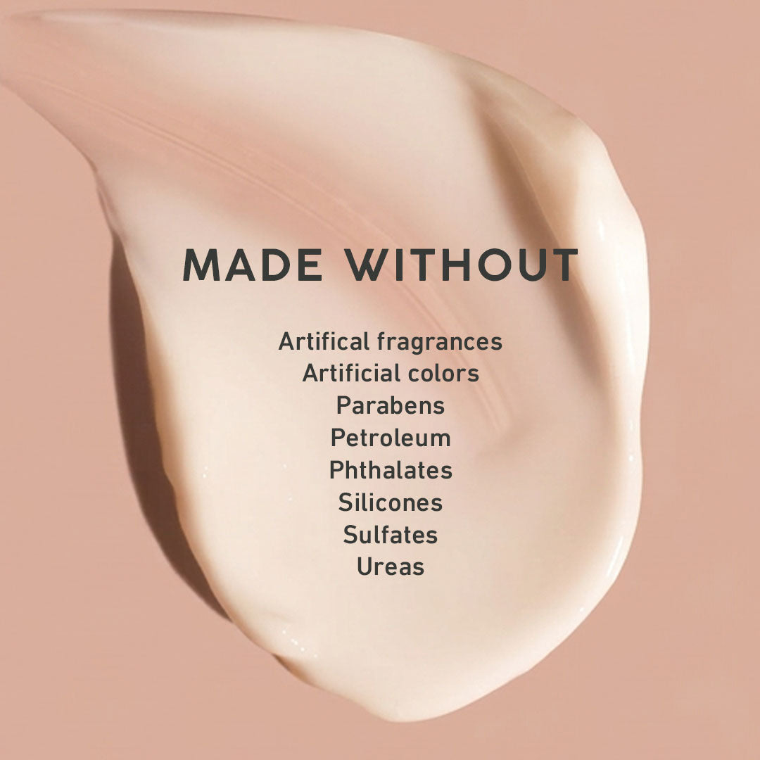 Cosmetic product with 'Made Without' text on a beige background