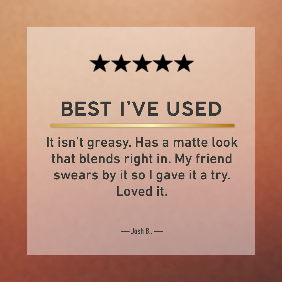 Five-star review with text on a brown background