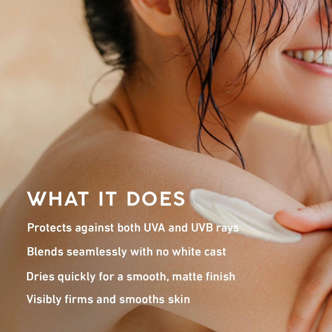 Person applying sunscreen cream with text highlighting its benefits