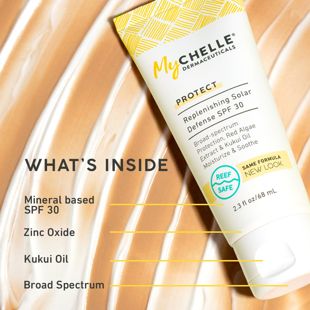 MyChelle Dermaceuticals sunscreen tube with ingredients listed on a beige background