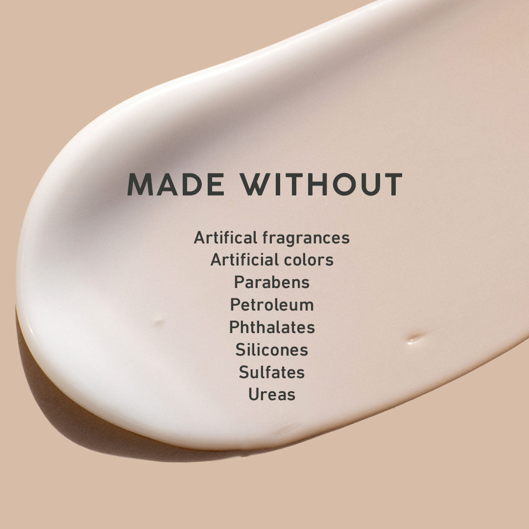 Beige product with 'MADE WITHOUT' text and list of ingredients on a beige background