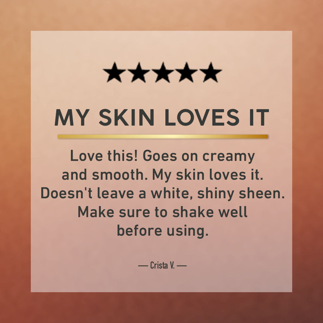 Product review card with five stars and customer feedback on a brown background