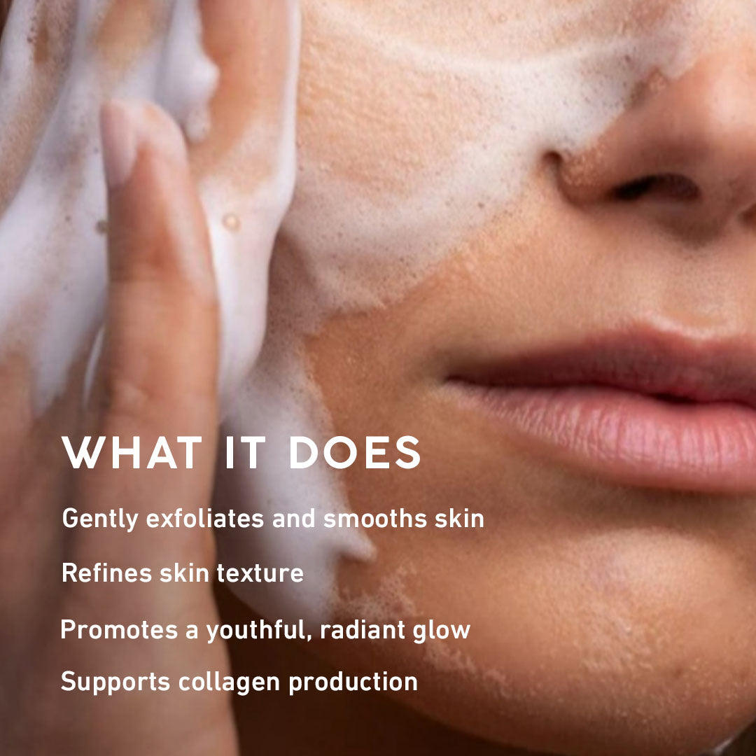 Close-up of a person applying a skincare product to their face with text describing its benefits.