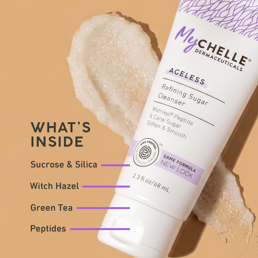 MyChelle Dermaceuticals Ageless Refining Sugar Cleanser with product details on a beige background