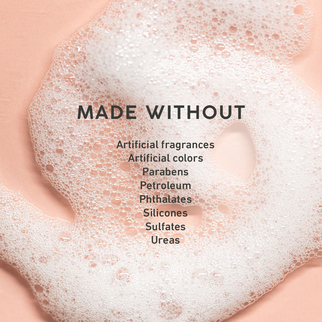 Foamy bath product with text listing ingredients not used