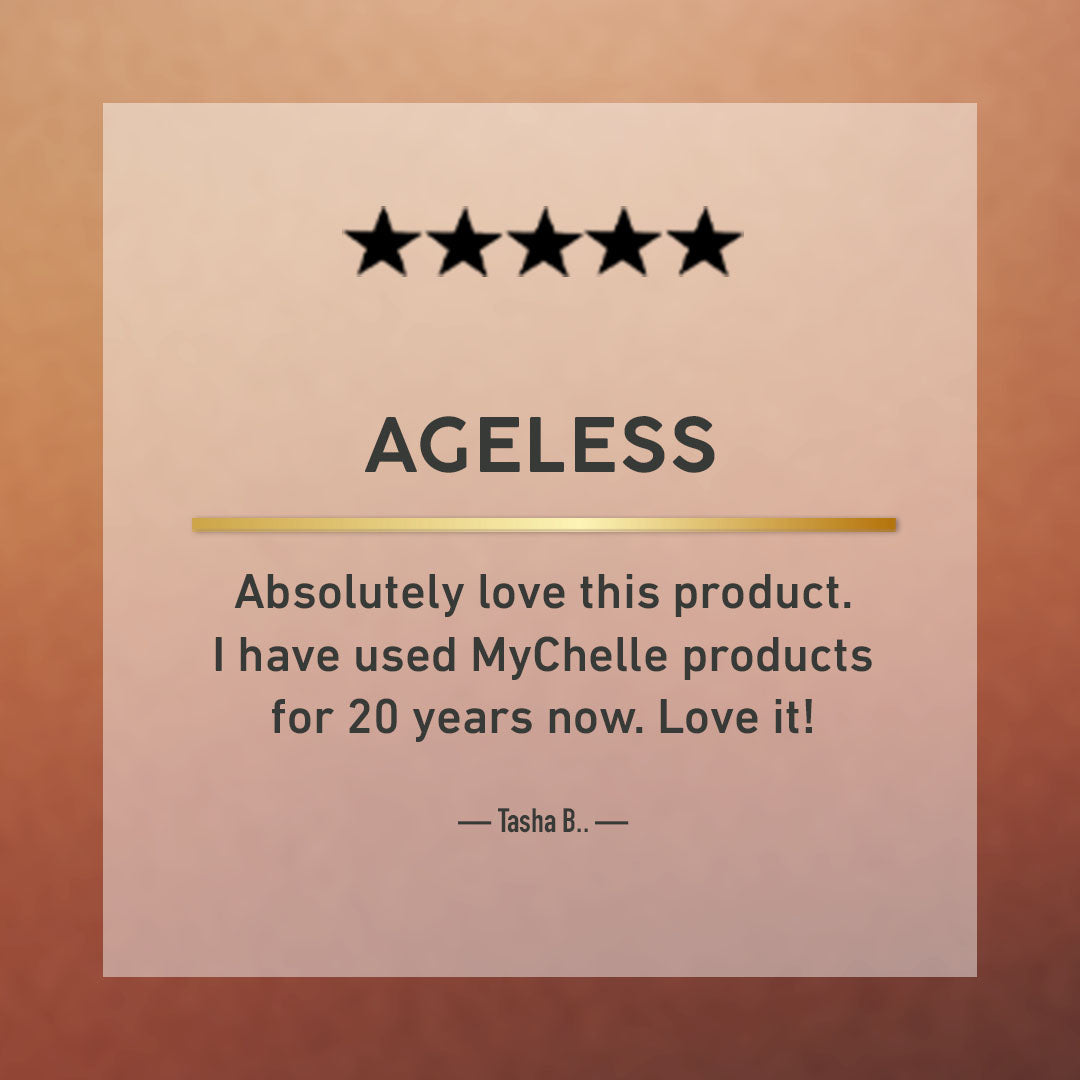 Five-star review for MyChelle products with a testimonial on a brown background