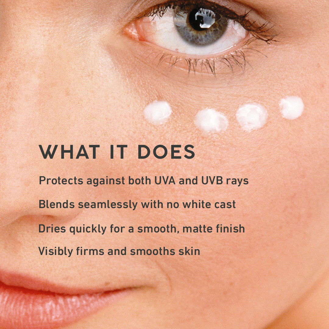 Close-up of a person's eye with liquid sunscreen application, text describing product features.