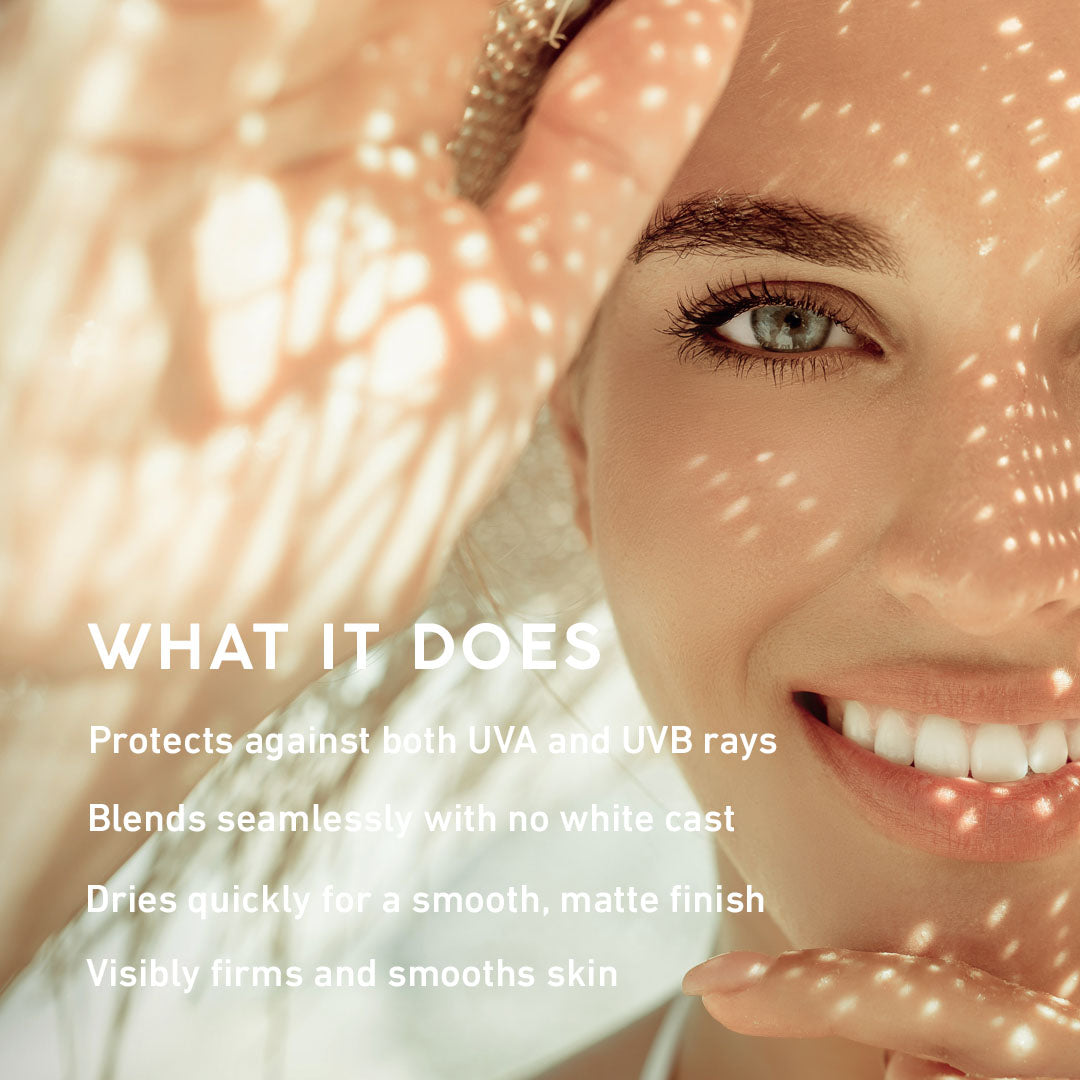 Woman's face with text highlighting skincare product features