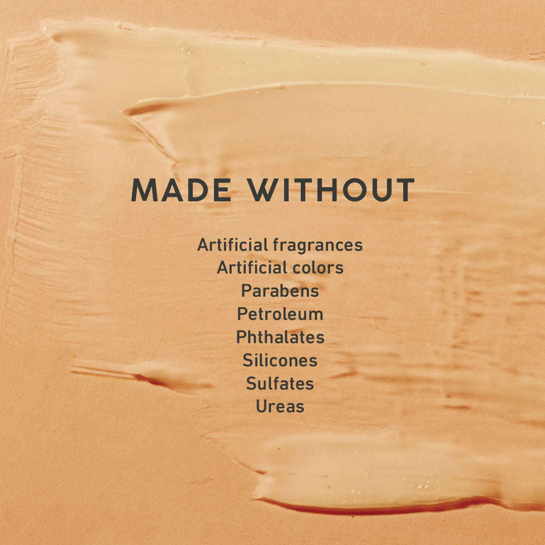 Cosmetic product swatch with 'Made Without' text and listed ingredients on a beige background