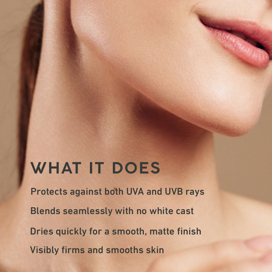Close-up of a woman's neck with text about skincare product features.
