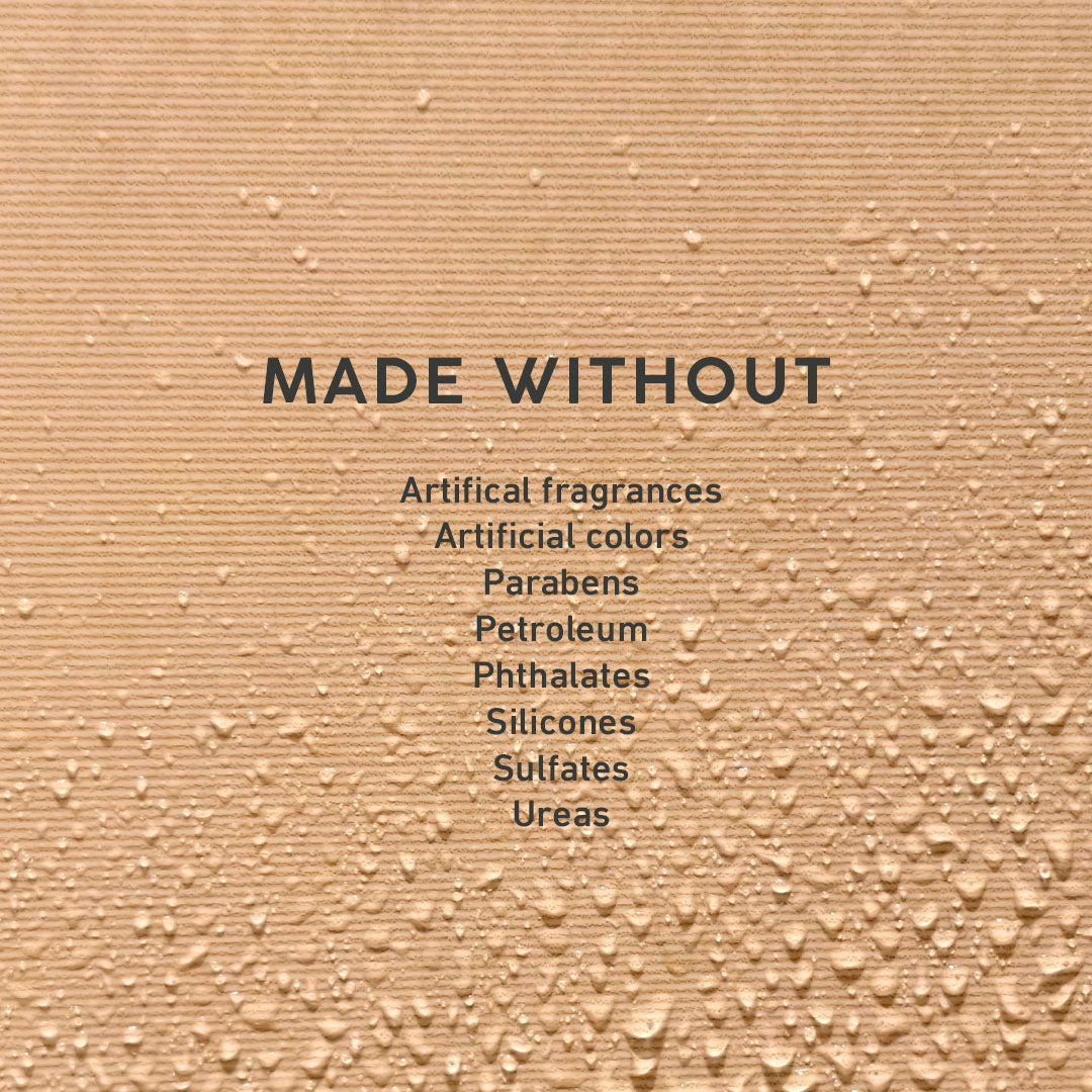 Text on a beige textured background indicating 'MADE WITHOUT' various harmful ingredients.