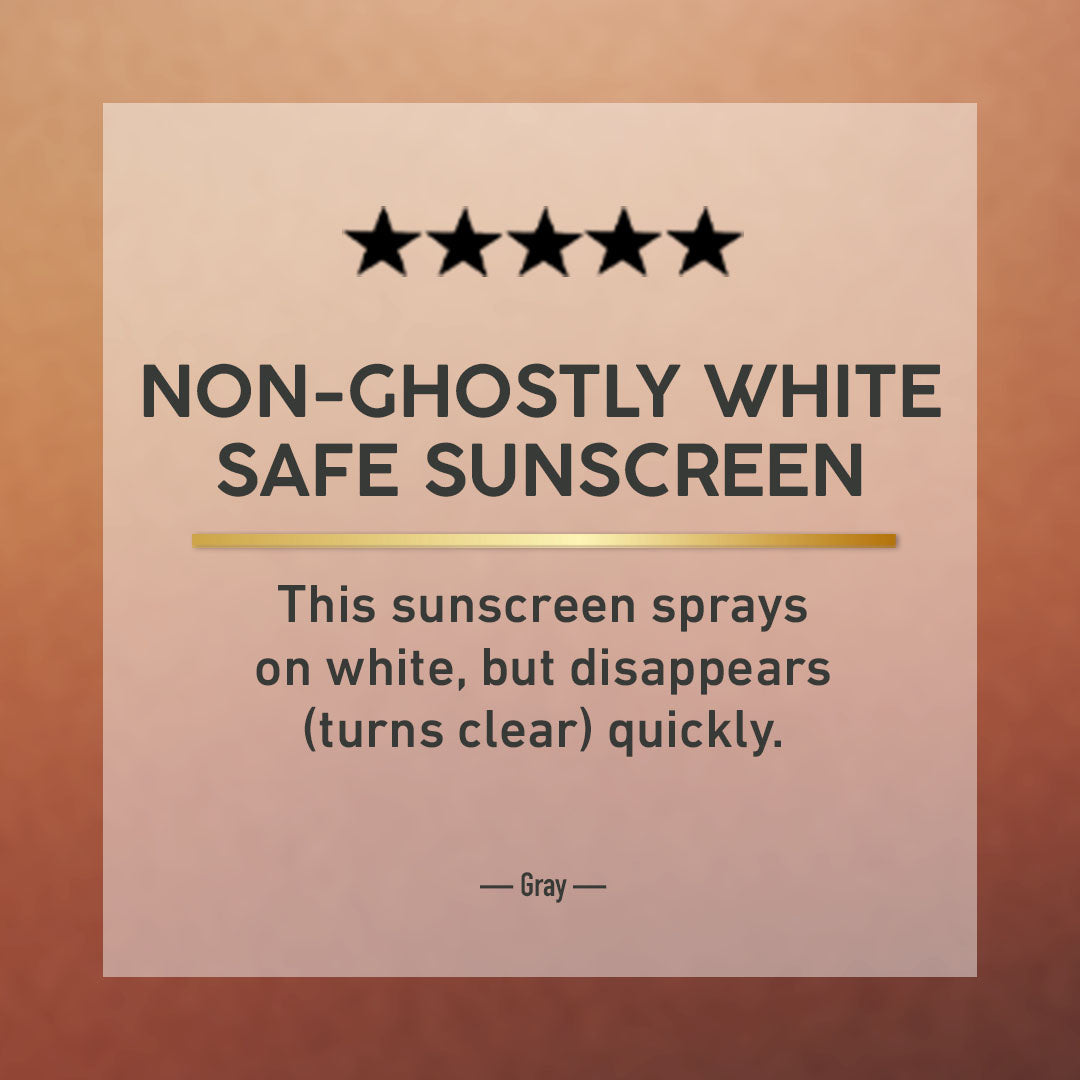 Advertisement for non-ghostly white safe sunscreen with text on a brown background