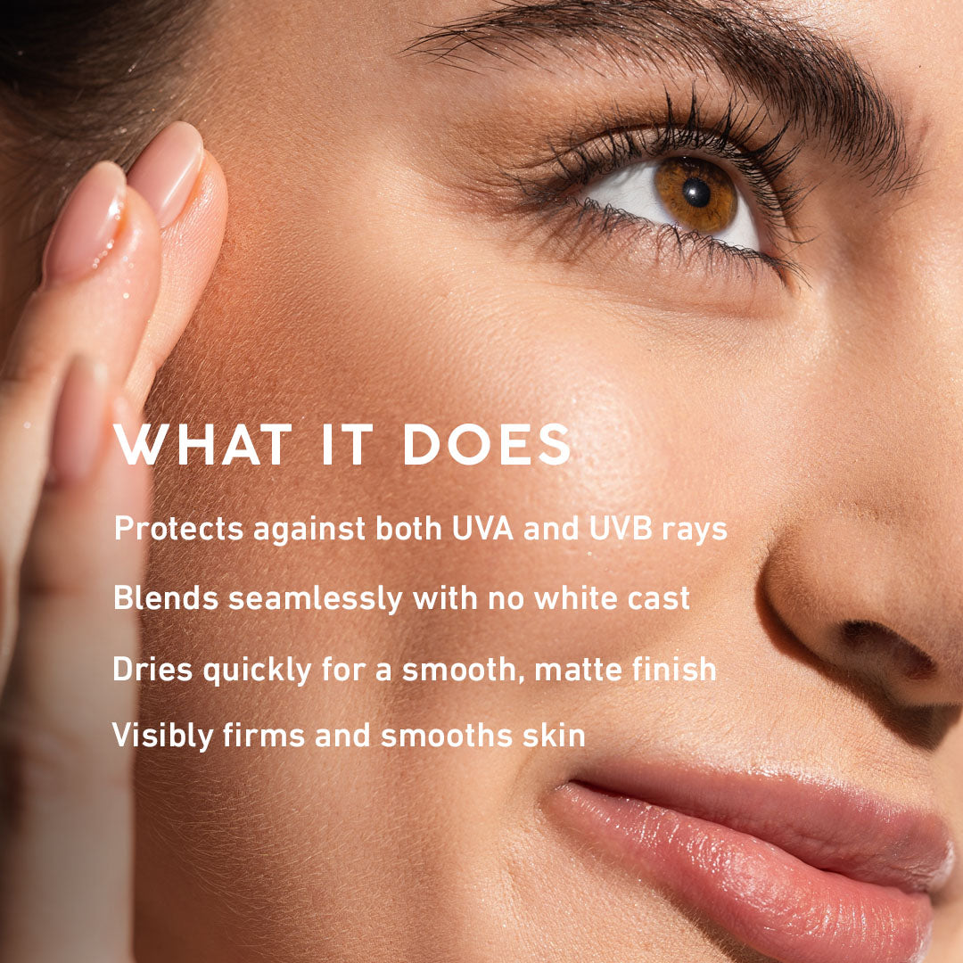 Close-up of a woman's face with text highlighting SPF stick product features