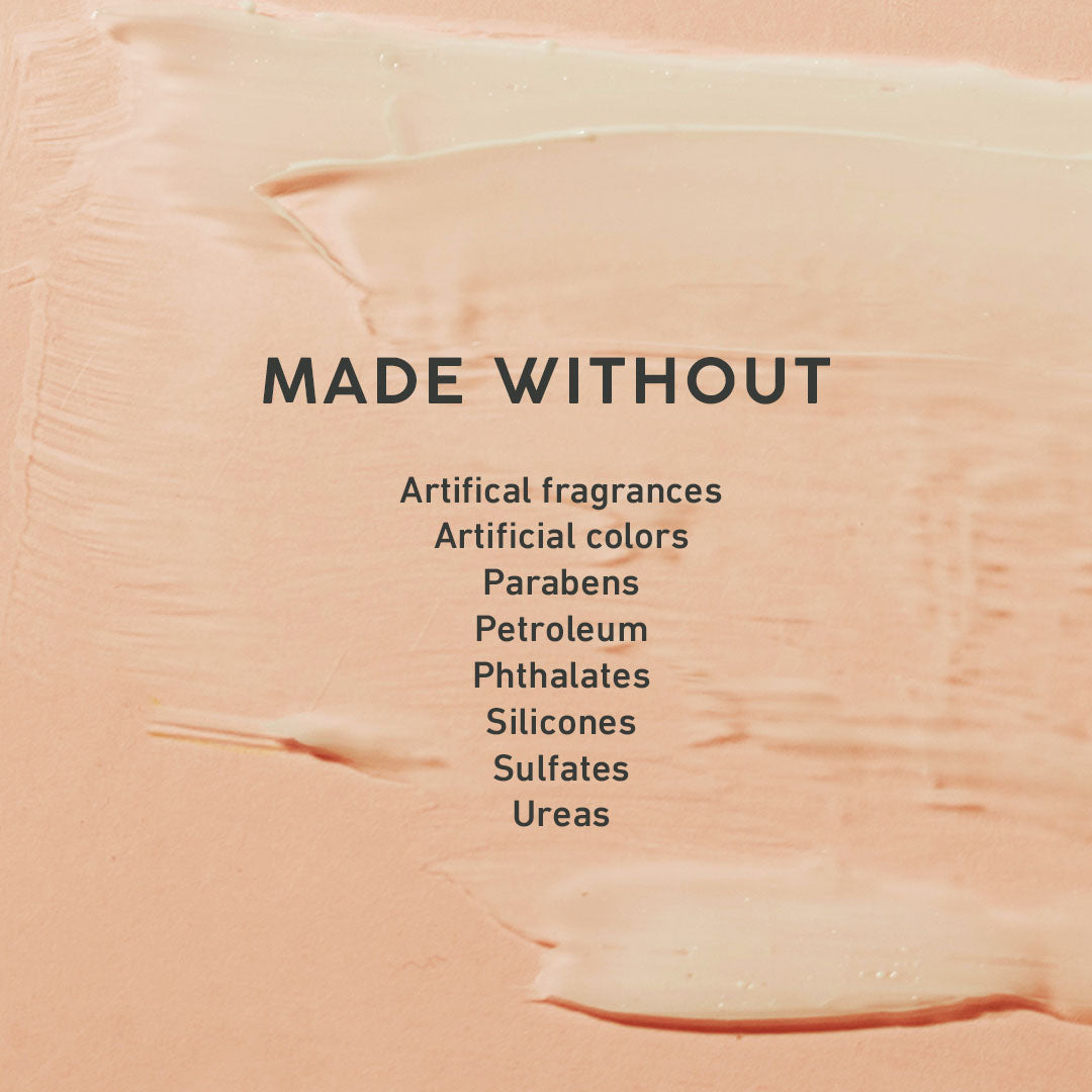 Text 'MADE WITHOUT' followed by a list of ingredients on a beige background