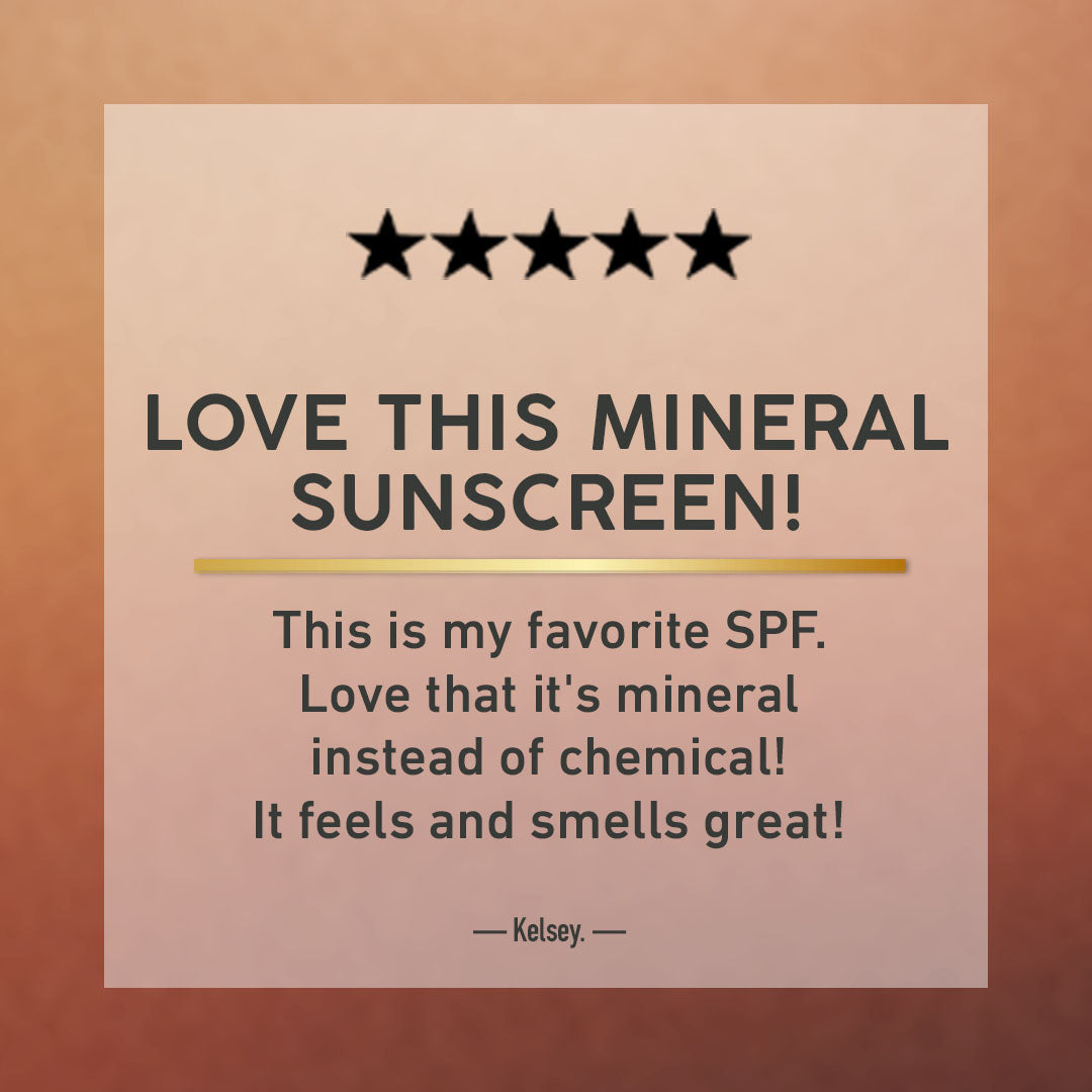 Five-star rating for a mineral sunscreen with a review on a brown background