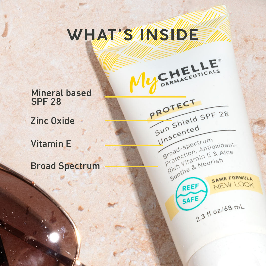 MyChelle Dermaceuticals sunscreen tube with ingredients listed on a beige background