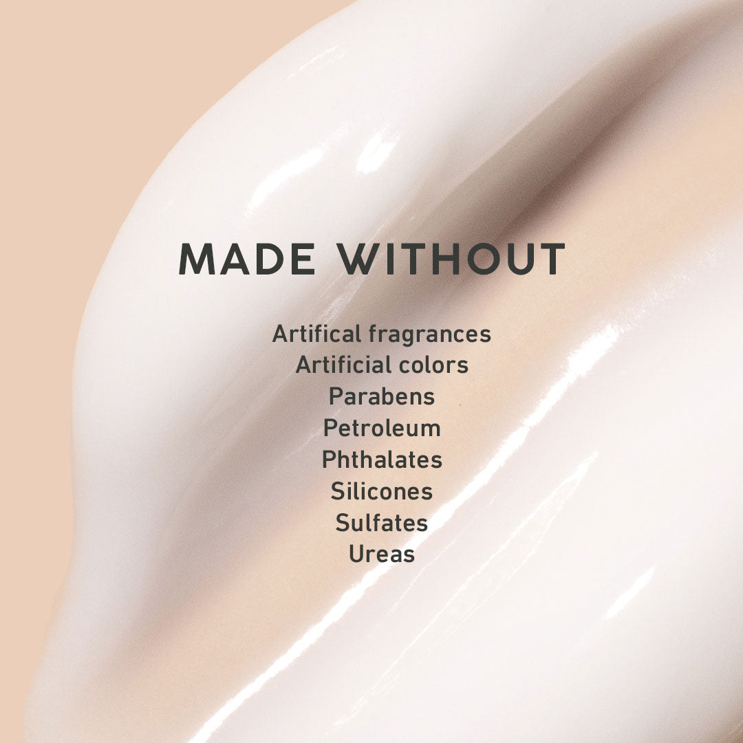 Product with a list of ingredients it is made without on a beige background