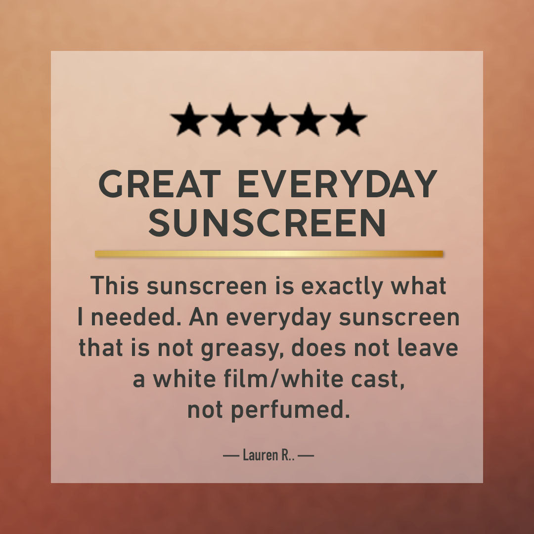 Five-star rating for 'Great Everyday Sunscreen' with a review on a brown background