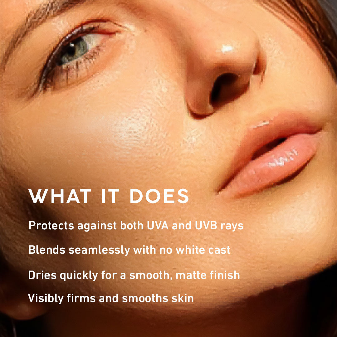 Close-up of a person's face with text highlighting tinted SPF stick features