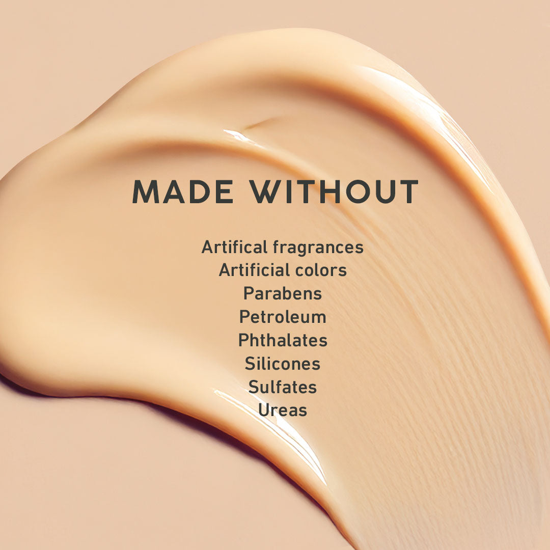 Beige cosmetic product with text 'MADE WITHOUT' and listed ingredients on a beige background