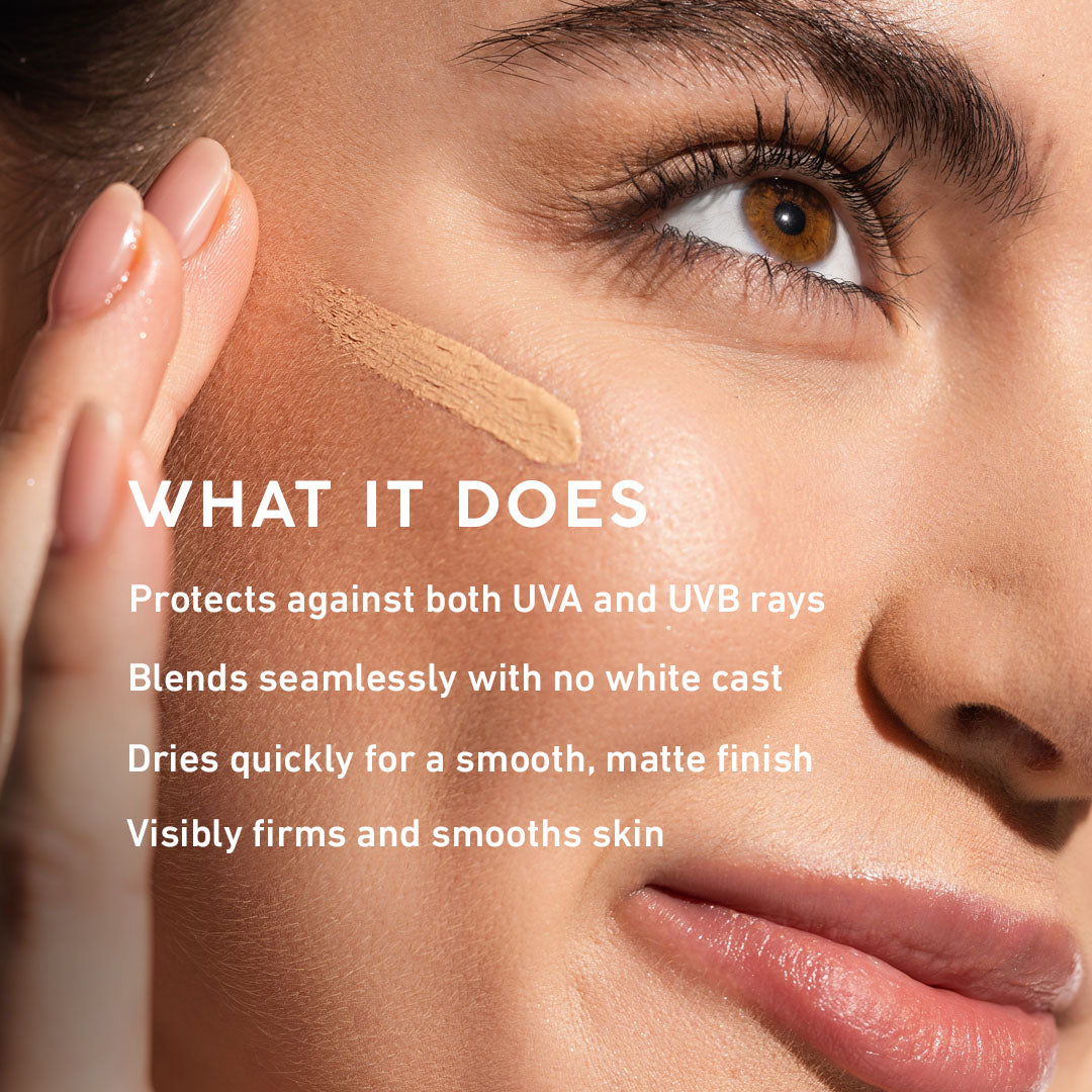 Close-up of a woman's face with a cosmetic product applied, text describing product features.