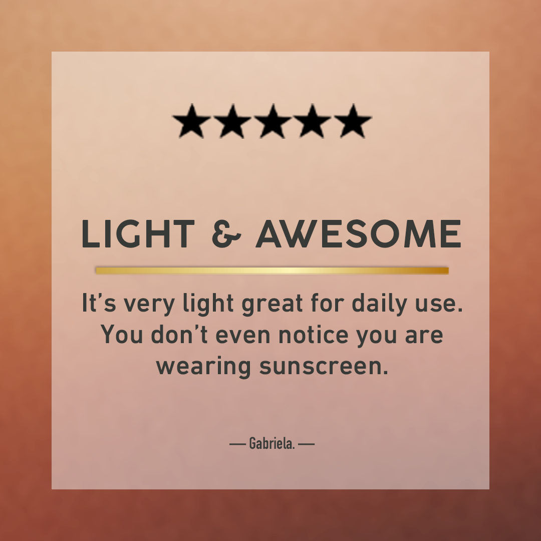 Product review card with five stars, text 'Light & Awesome' and a quote about sunscreen on a brown background.