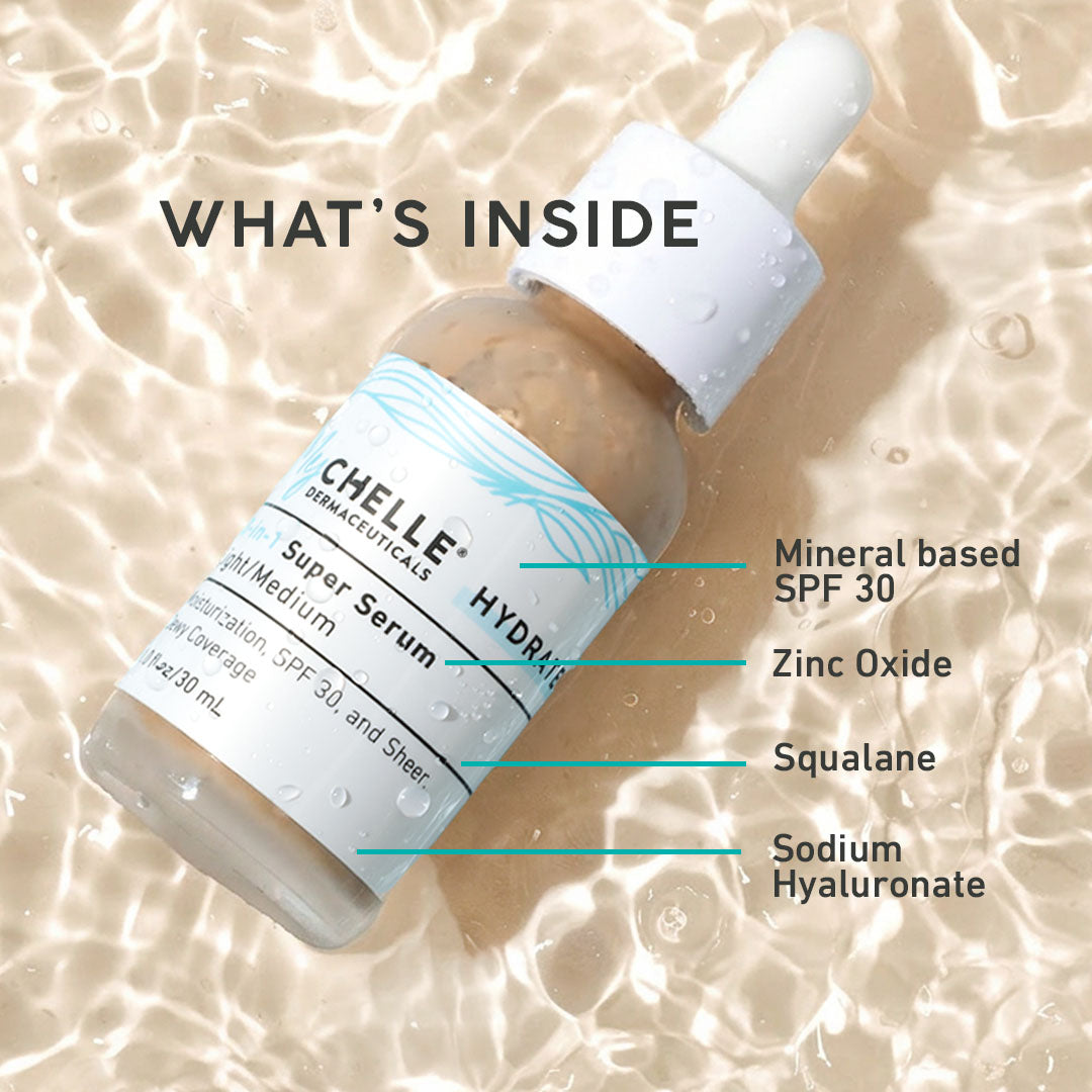 MyChelle Skincare Super Serum SPF bottle with labeled ingredients on a skin texture background