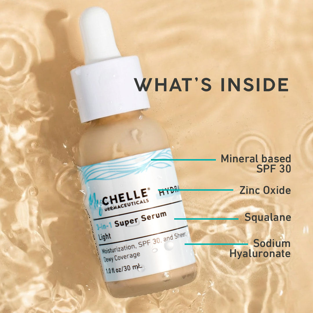 Bottle of MyCHELLE Dermaceuticals Super Serum SPF with labeled ingredients on a skin texture background