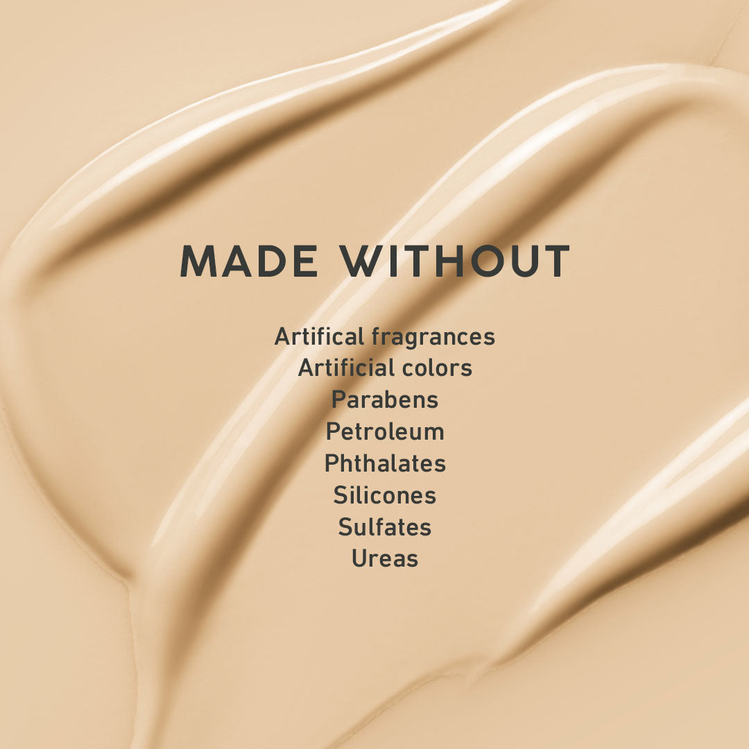 Beige foundation with 'MADE WITHOUT' text and listed ingredients on a beige background