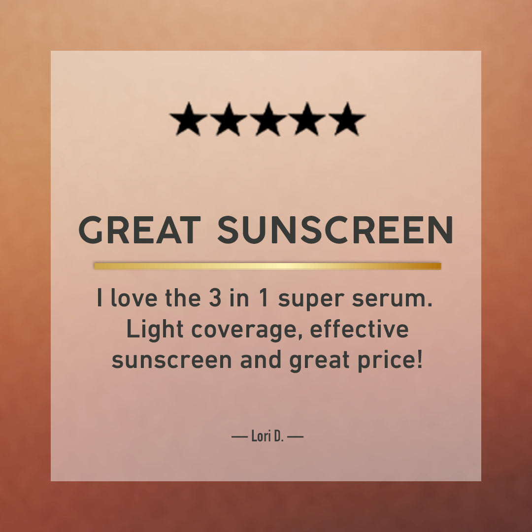 Five-star review of a sunscreen product on a brown background