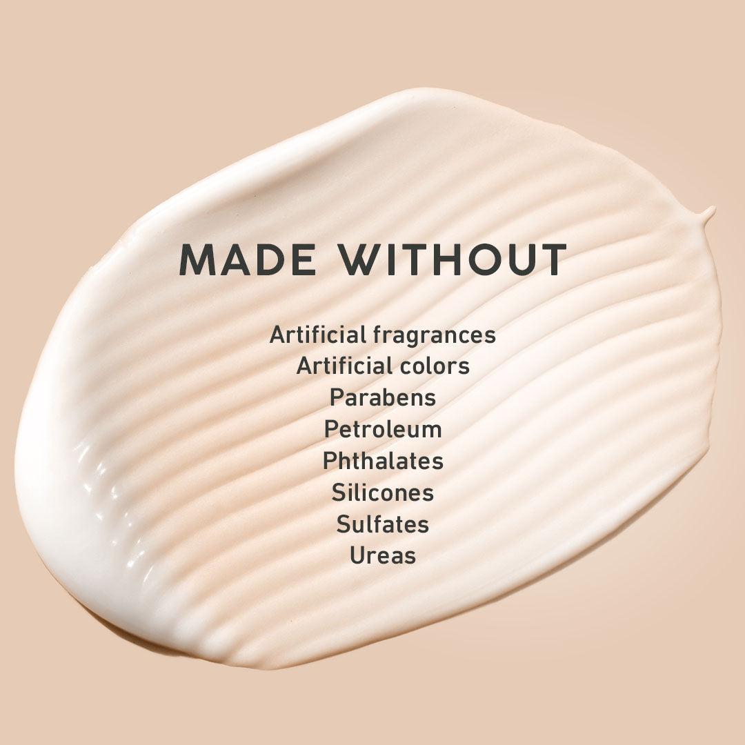 Beige swatch of cream with text 'MADE WITHOUT' and a list of ingredients on a beige background