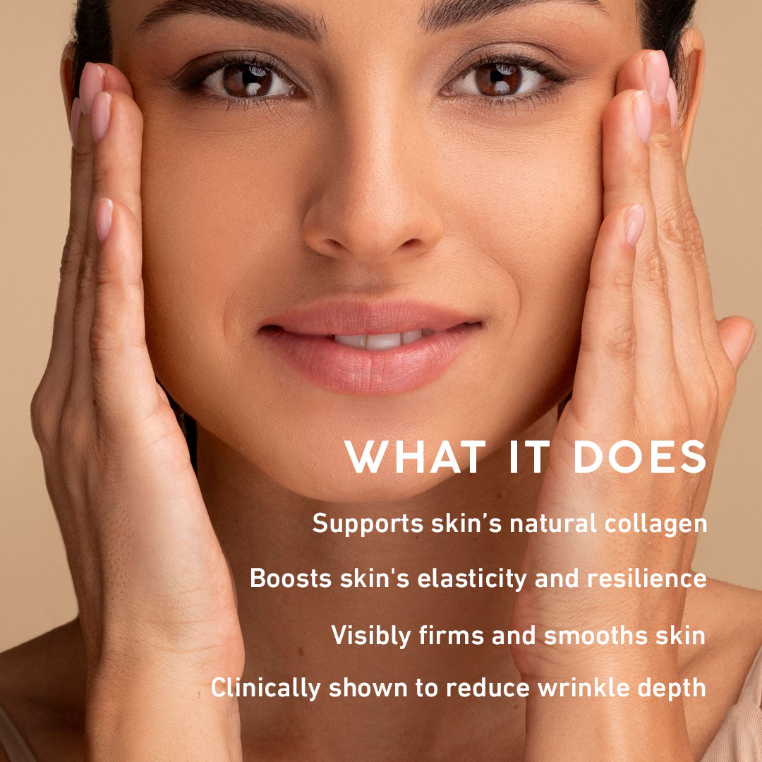 Woman's face with skincare benefits listed.