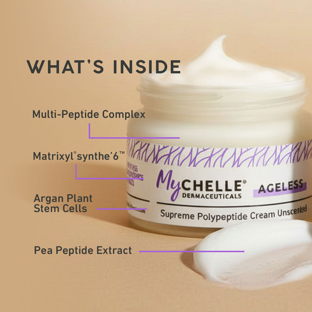 MyChelle Dermaceuticals Ageless Supreme Polypeptide Cream jar with labeled ingredients on a beige background