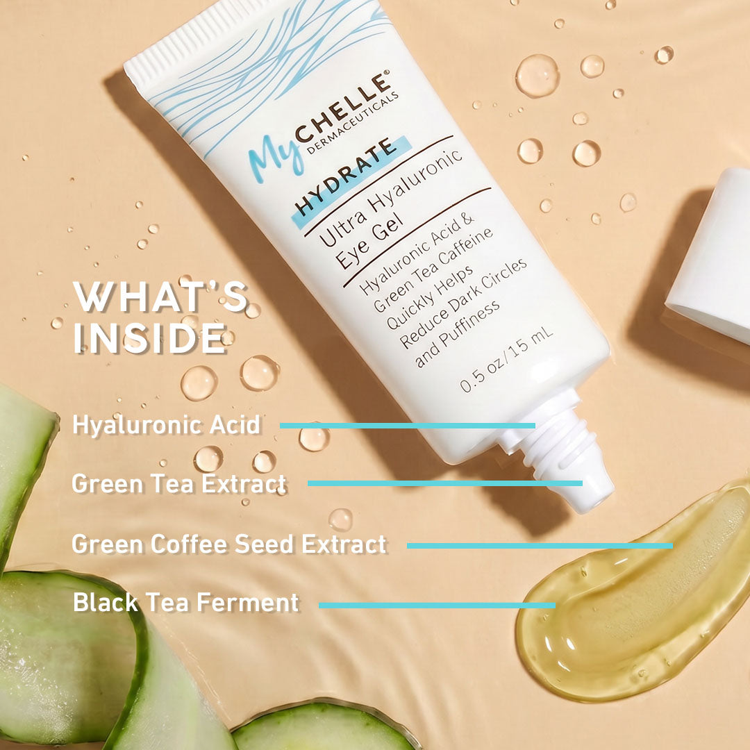 MyChelle eye gel tube with ingredients listed on a beige background