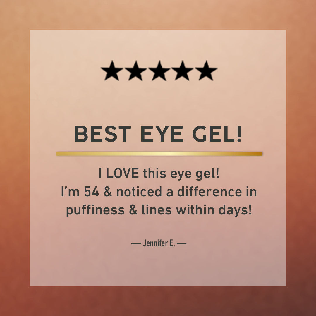 Five-star rating for best eye gel with customer review on a brown background
