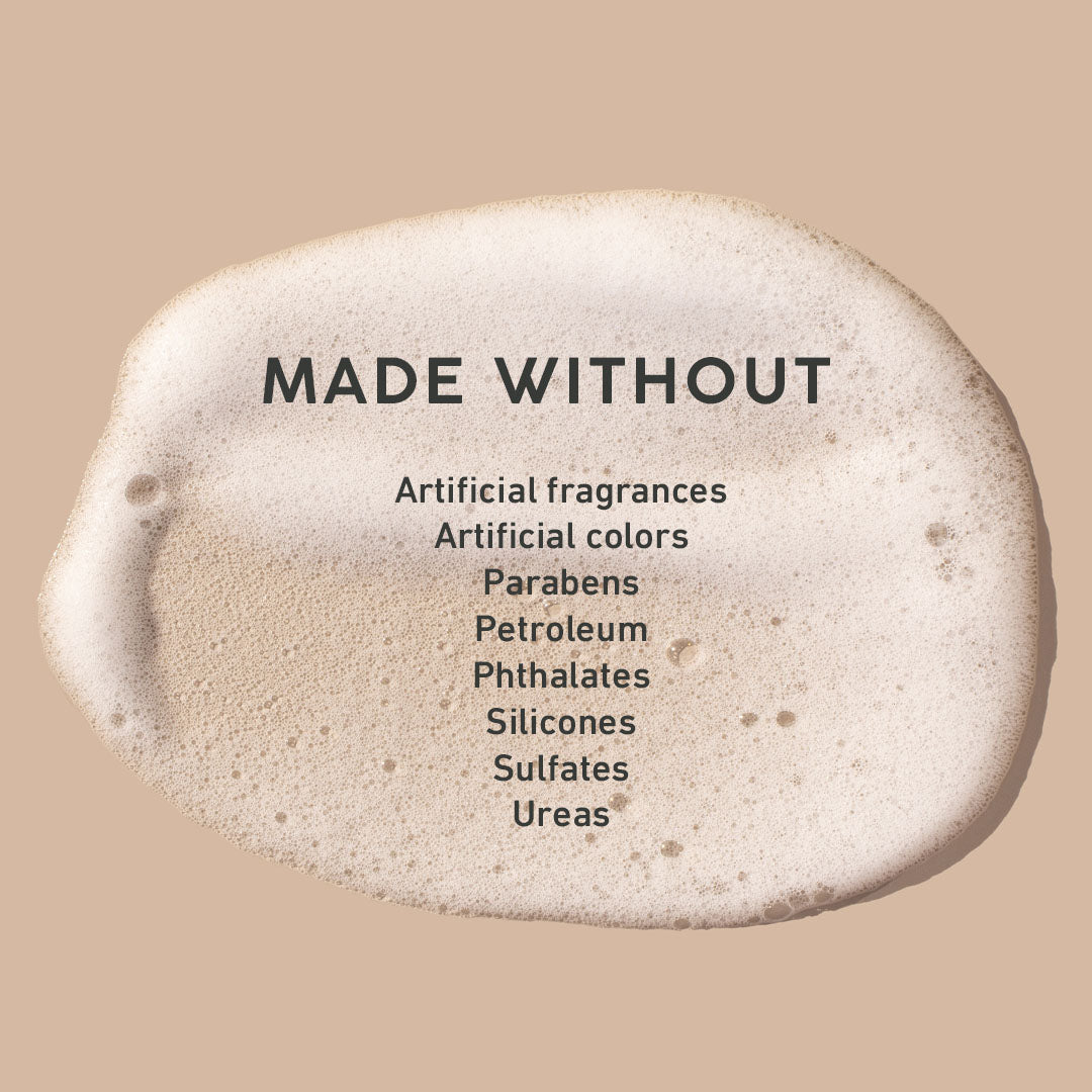 A list of what Ultra Hyaluronic Hydrating Cleanser is "made without"  against a tan background.