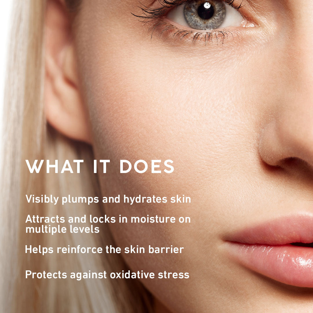 Woman's face with What it Does on the image stating what this serum does.