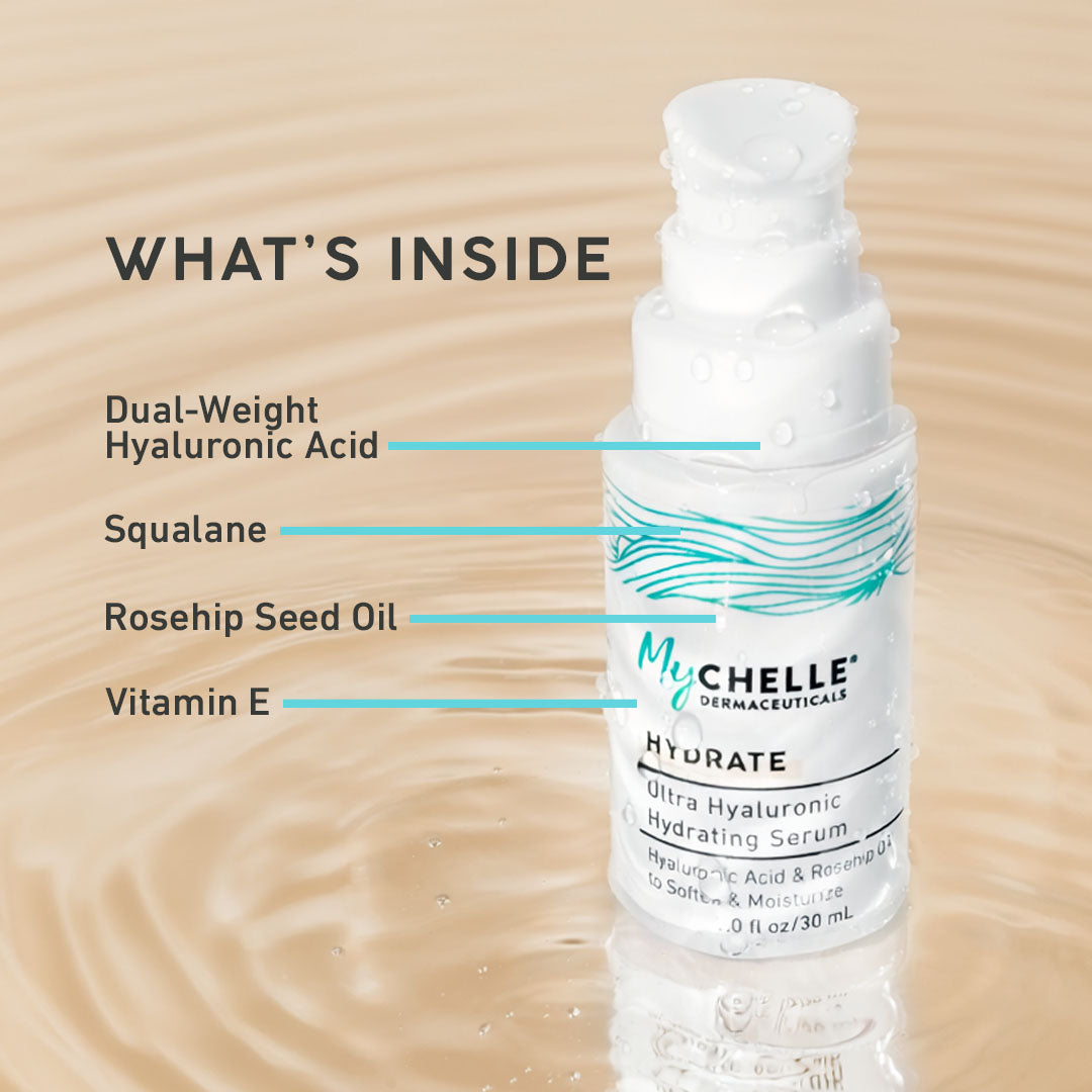 A bottle of MyChelle Ultra Hyaluronic Hydrating Serum with a white and blue label, set against a tan background. What's inside on the image showing active ingredients.