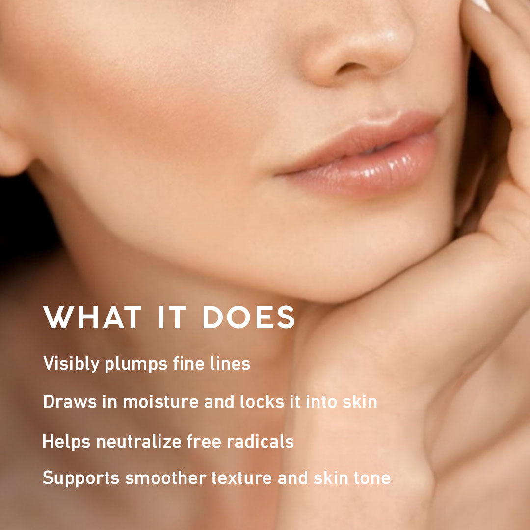 Woman's face with the words "What it Does" showing what Ultra Hyaluronic Hydrating Cream benefits are.