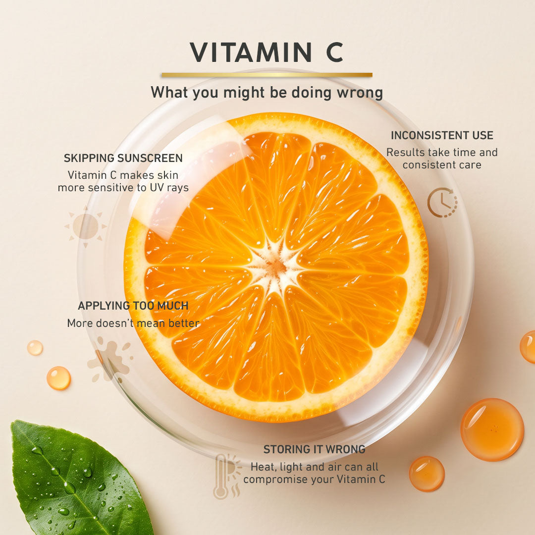 An informational graphic about Vitamin C with a large sliced orange on a glass plate, surrounded by text tips such as skipping sunscreen, inconsistent use, applying too much, storing it wrong, and the importance of consistent care. No specific product package is shown.