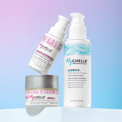 MyChelle Peaceful Night Bundle - Retinal Renewal Serum, Retinal Night Cream and Hyaluronic Hydrating Cleanser. All 3 products shown on a gradient background